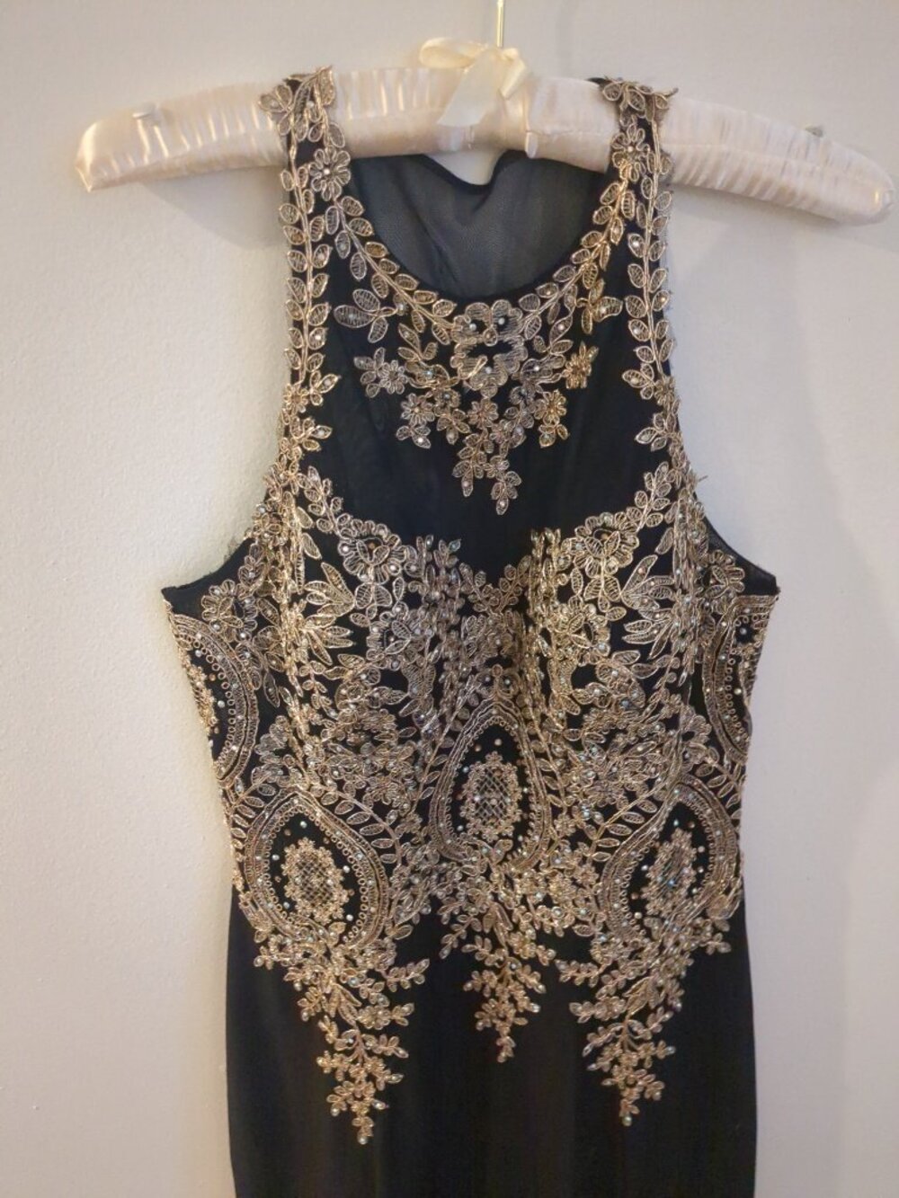 Black and Gold Embroidered Formal Gown – High-Neck Evening Dress – Floor Length